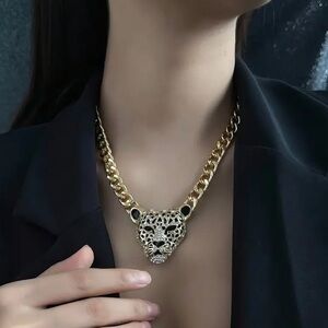NEW Punk Hip-Hop Leopard Head Pendant Necklace Chunky Crystal Chain Unisex